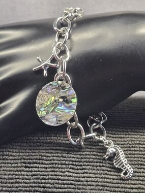 Silver Charm Bracelet with Iridescent Abalone Disc